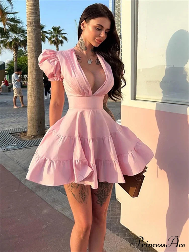 Deep Neck Puff Charming Sleeve Mini Dress