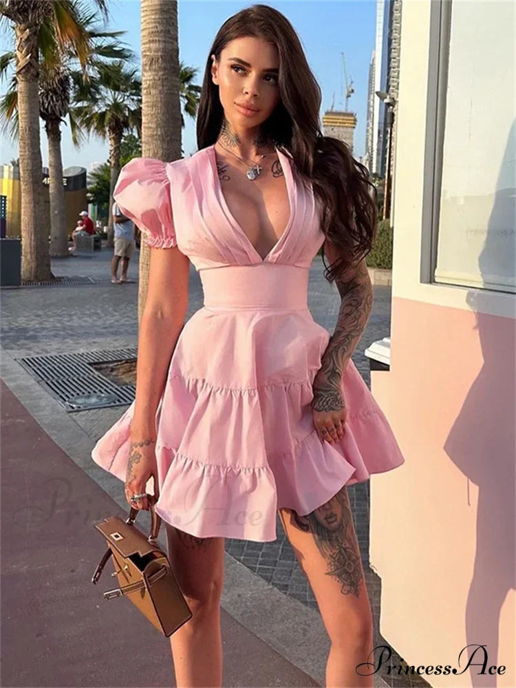 Deep Neck Puff Charming Sleeve Mini Dress