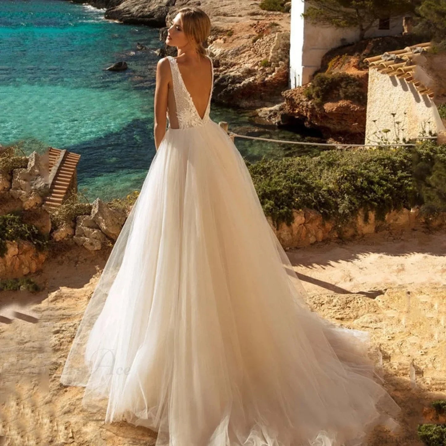 Deep V-Neck Backless Sheer Wedding Dress