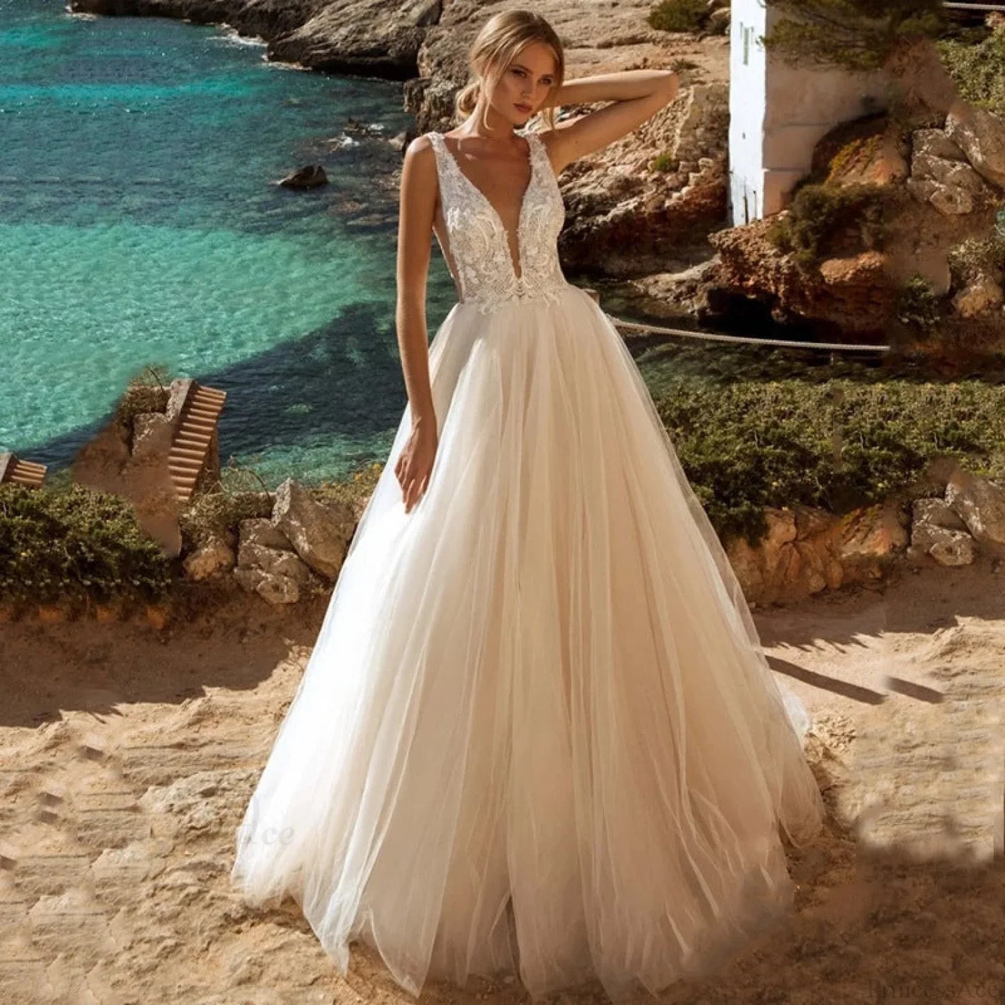 Deep V-Neck Backless Sheer Wedding Dress