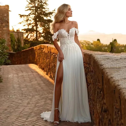 Deep V-Neck High Slit Evening Wedding Dress