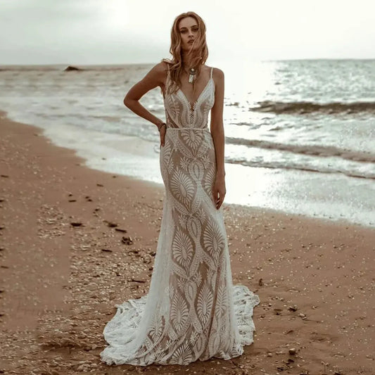 Deep V-Neck Lace Mermaid Wedding Dress