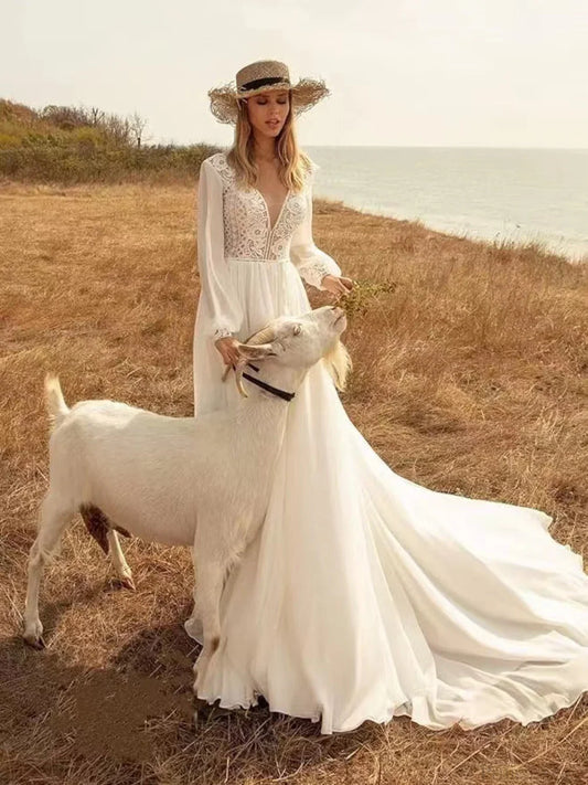 Deep V-Neck Long Sleeve Bridal Wedding Dress