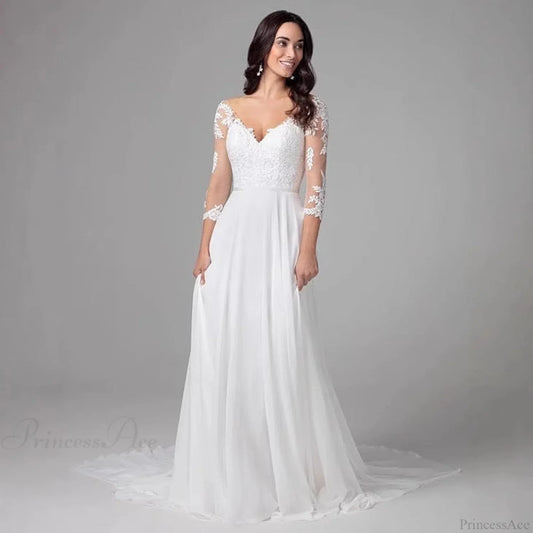 Deep V-Neck Long Sleeve Evening Wedding Dress
