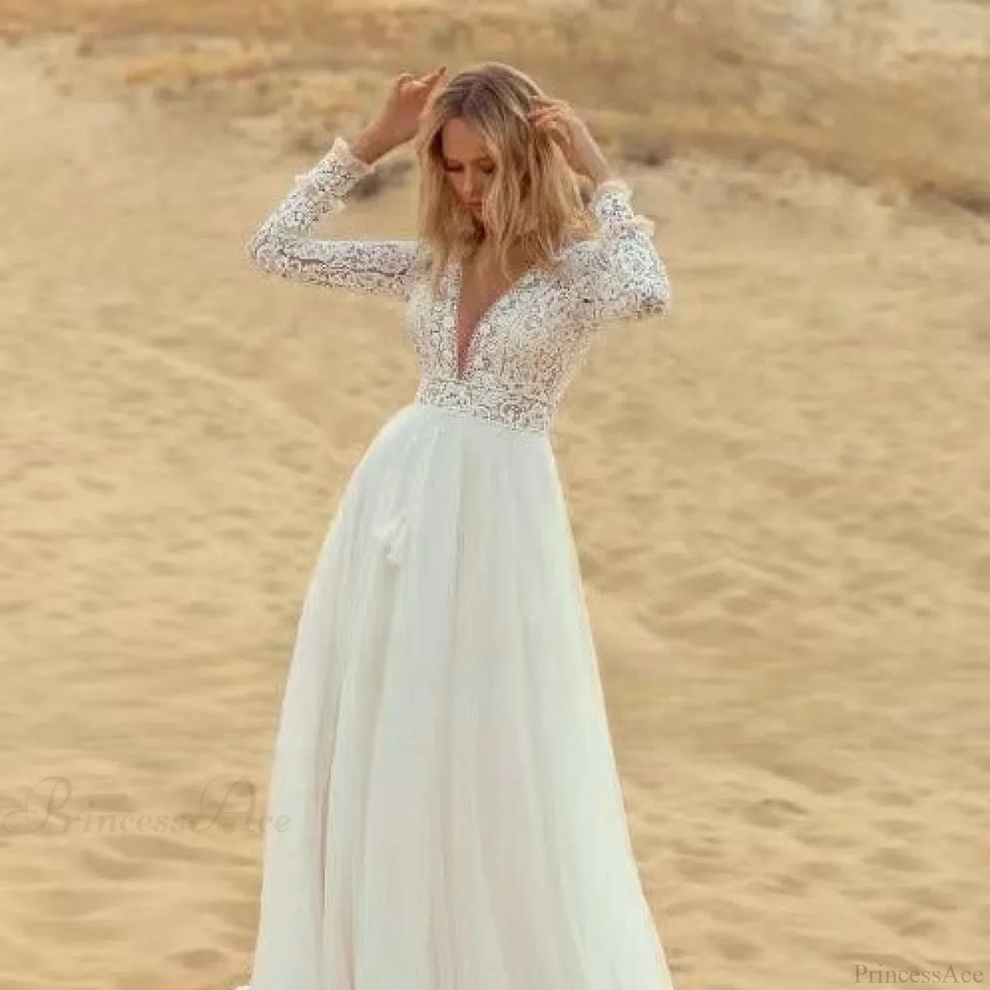 Deep V-Neck Long Sleeve Lace Wedding Dress