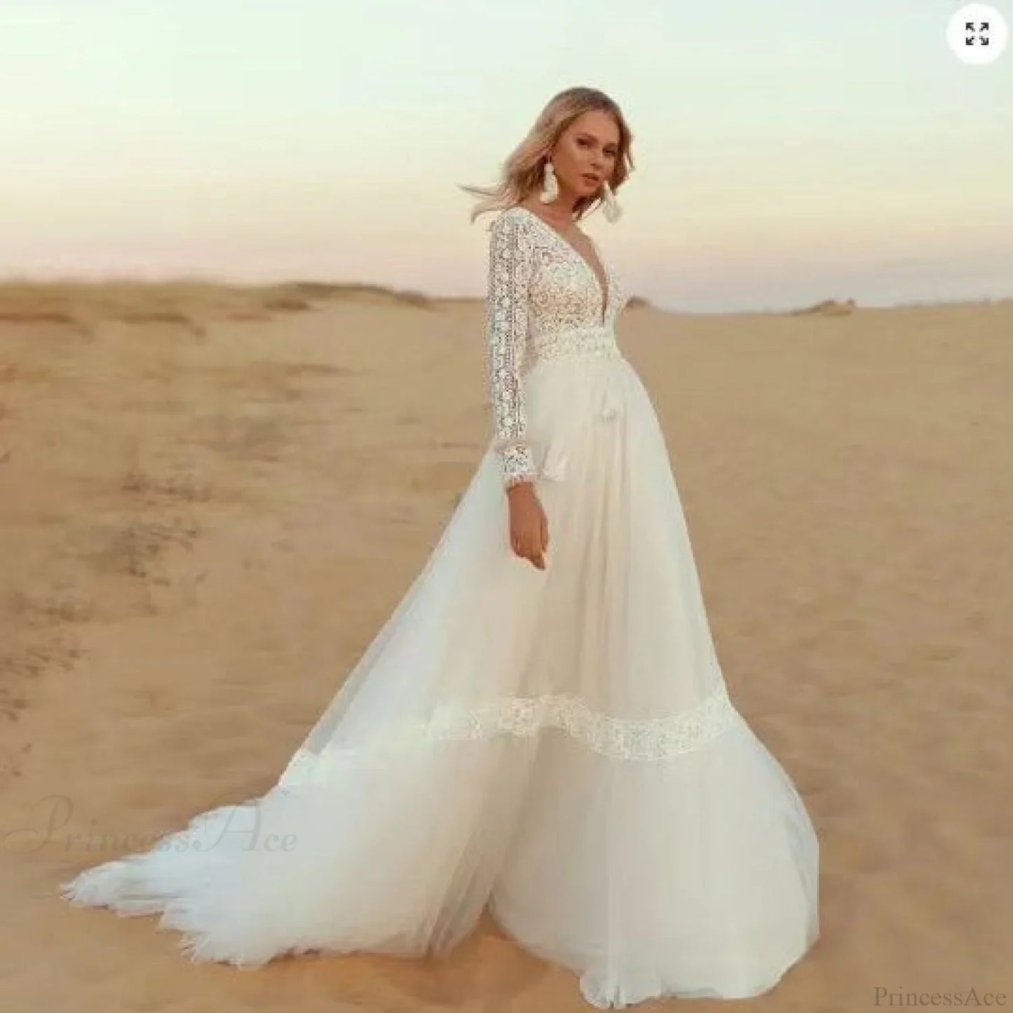 Deep V-Neck Long Sleeve Lace Wedding Dress