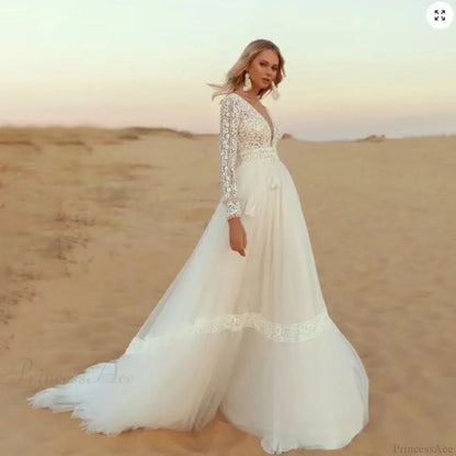Deep V-Neck Long Sleeve Lace Wedding Dress