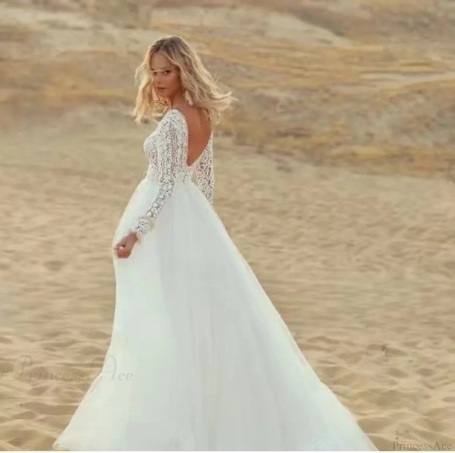 Deep V-Neck Long Sleeve Lace Wedding Dress