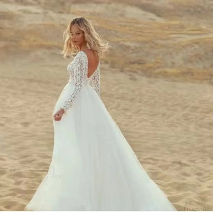 Deep V-Neck Long Sleeve Lace Wedding Dress