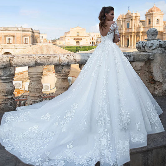 Deep V-Neck Long Tail Wedding Dress
