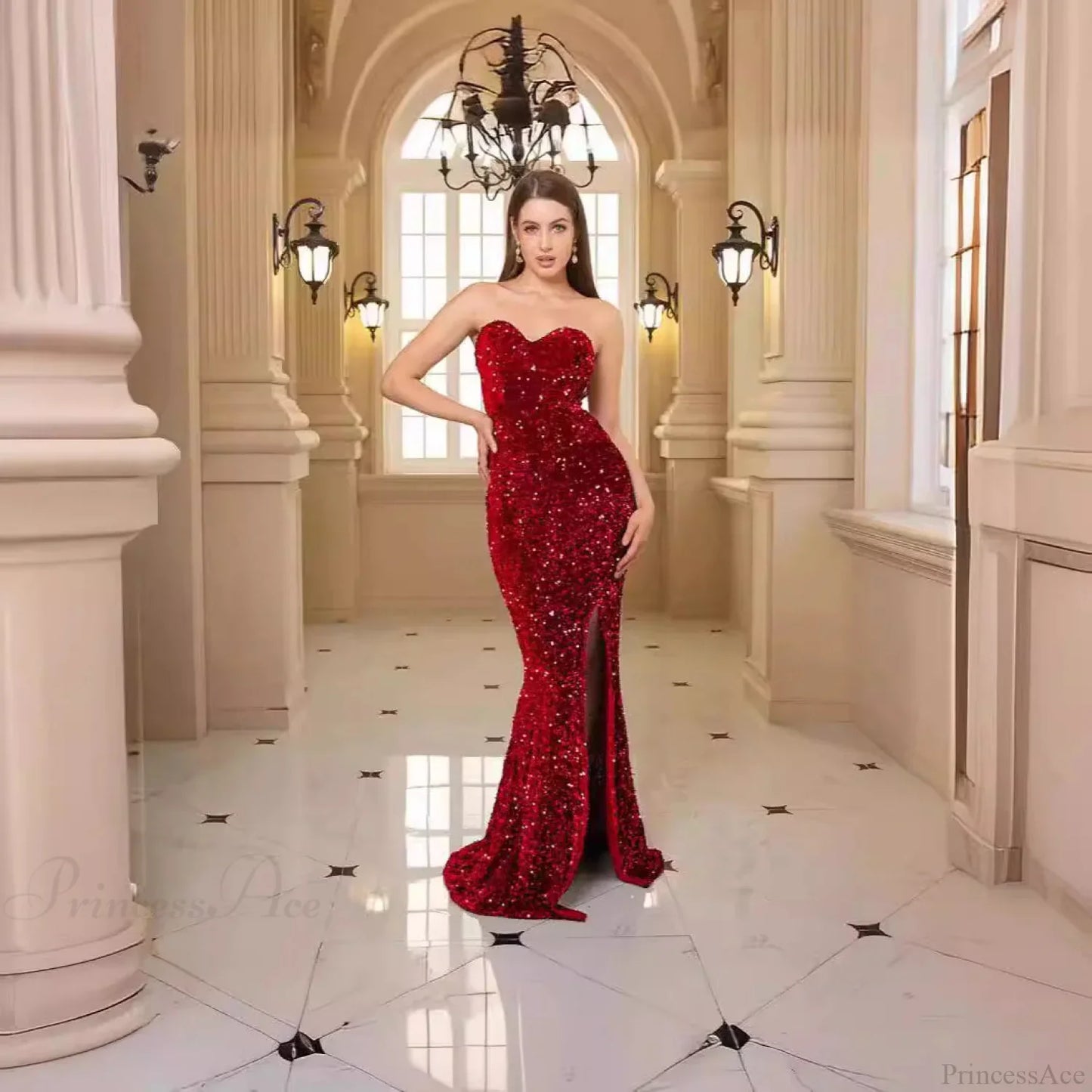 Deep V-Neck Sequin Evening Prom Dress