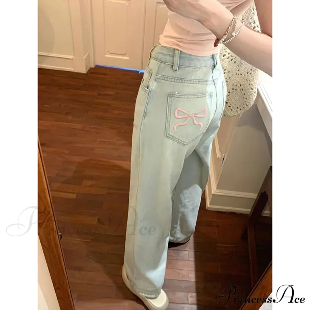 Denim Pink Pocket Charming Bow Embroidery Jeans