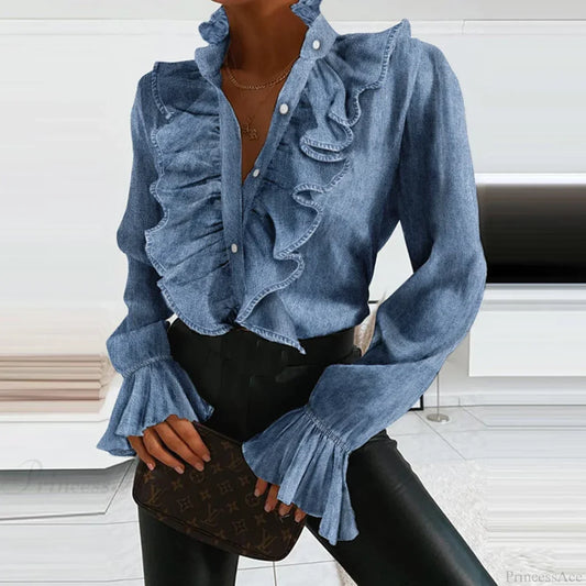 Denim Ruffled V Neck Pleated Blouse