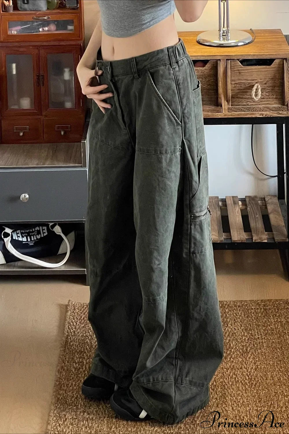 Denim Washed Distressed Loose Cargo Pants