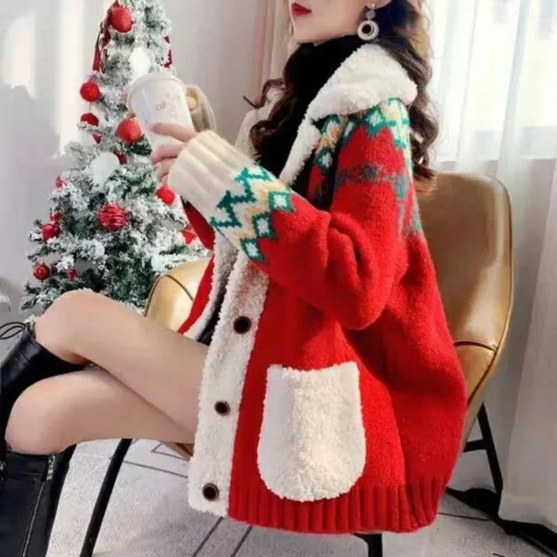 Laura® | Warm fleece-lined cardigan with Christmas print for women