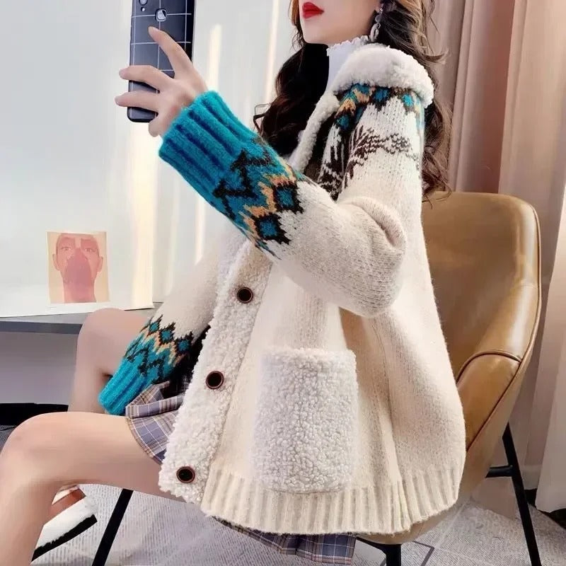 Laura | Warm fleece-lined cardigan with Christmas print for women