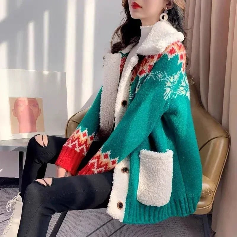 Laura® | Warm fleece-lined cardigan with Christmas print for women