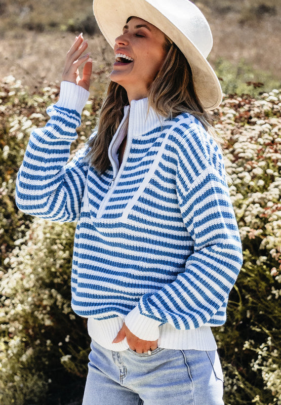 Amelia | Striped long sleeve sweater with half zip and stand-up collar