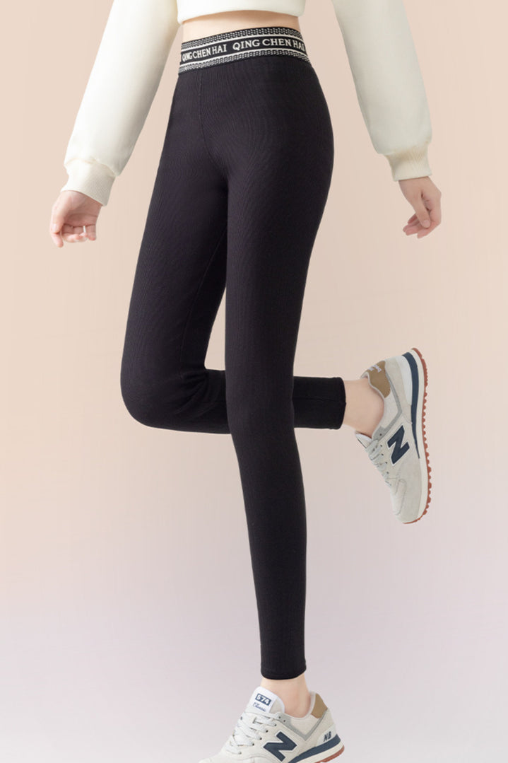 Ribbed Cotton Fleece Lined Slim Fit Ankle Length Leggings