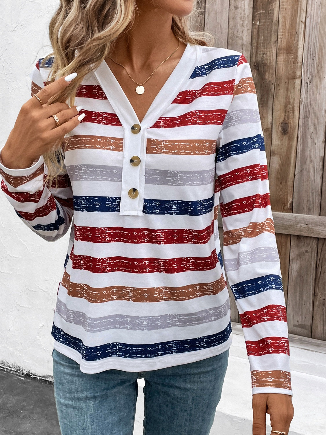 Luna | Contrast striped long sleeve t-shirt with V-neck