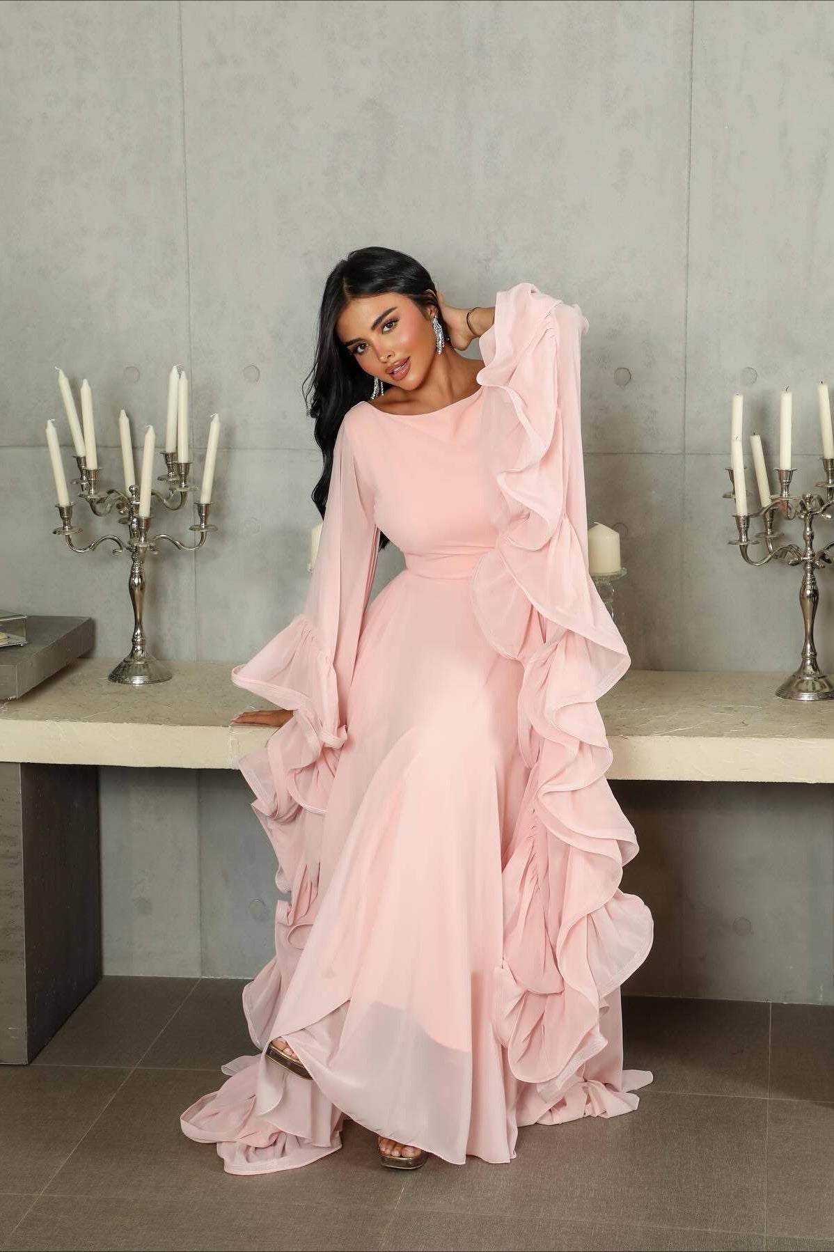 Ruffle Flared Sleeve Tulle Puff Tiered Maxi Dress