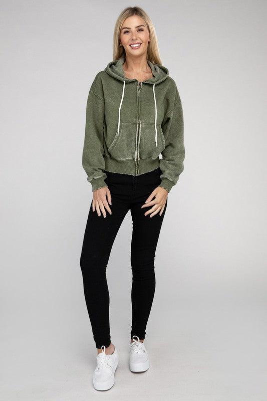 Fabiana | Cropped acid wash fleece zip-up hoodie