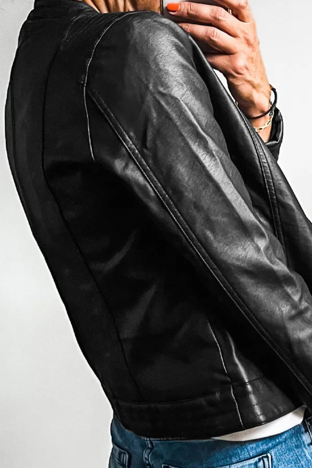 Yasmina | PU leather long sleeve jacket with crew neck
