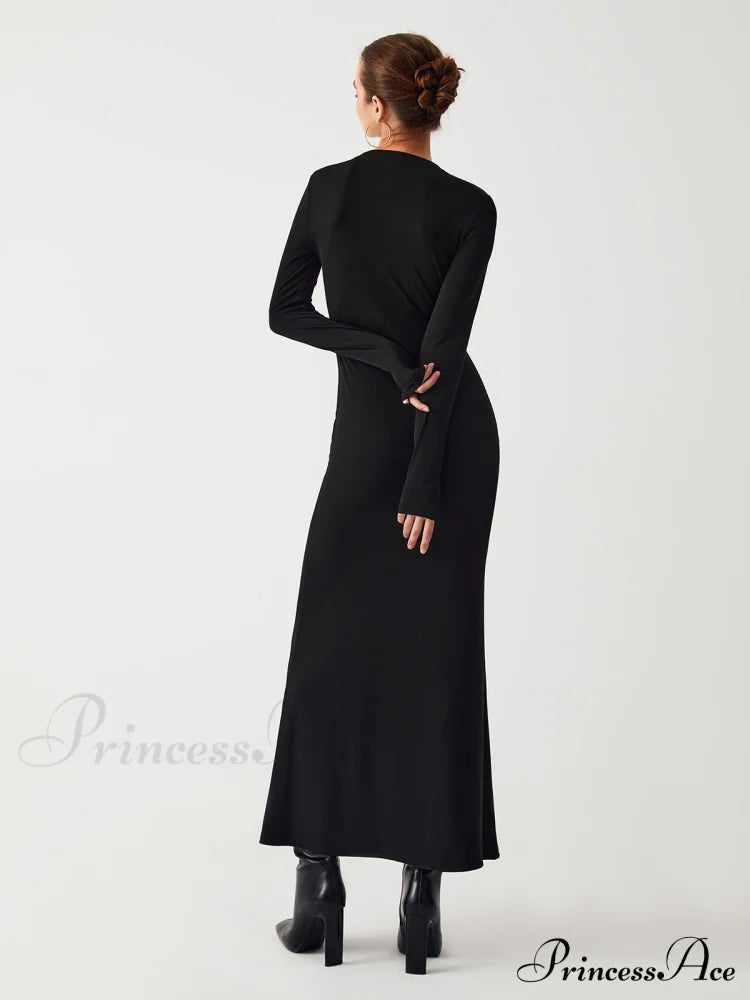 Diagonal Keyhole Long Trendy Sleeve Long Dress