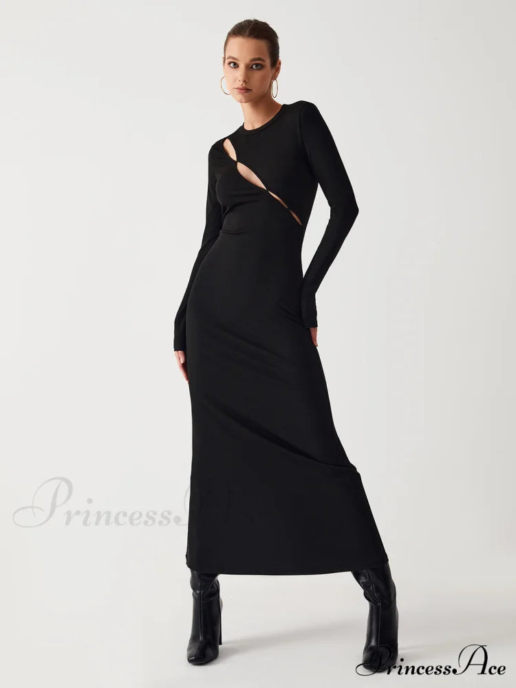 Diagonal Keyhole Long Trendy Sleeve Long Dress