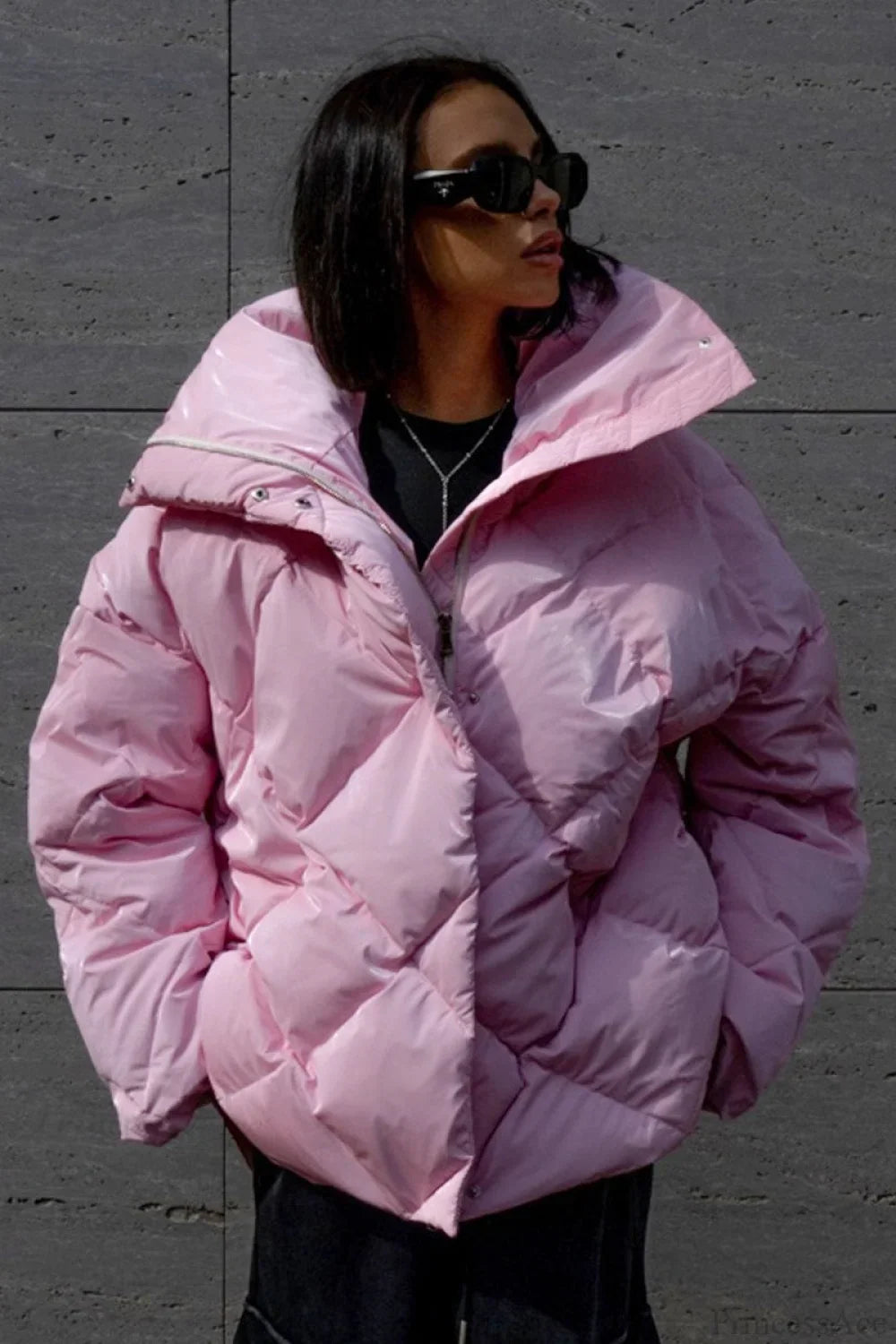 Diamond Quilted Matte Shiny Oversized Wide Lapel Coat