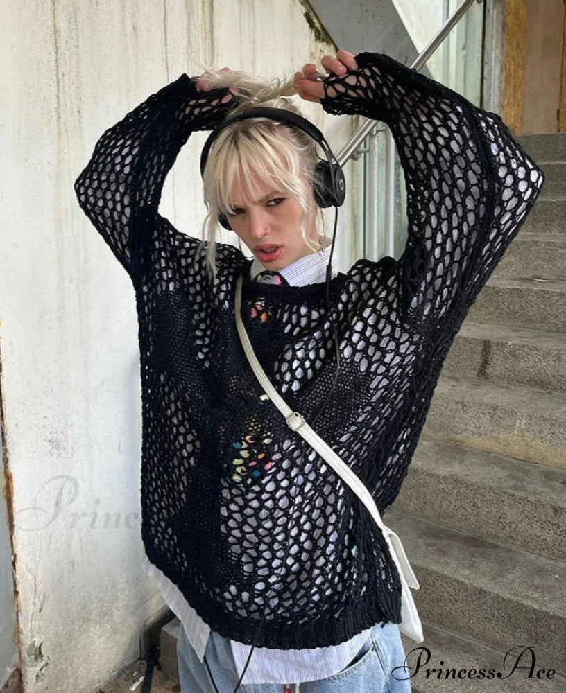 Distressed Cross Fishnet Charming Design Hollow Out Sweater