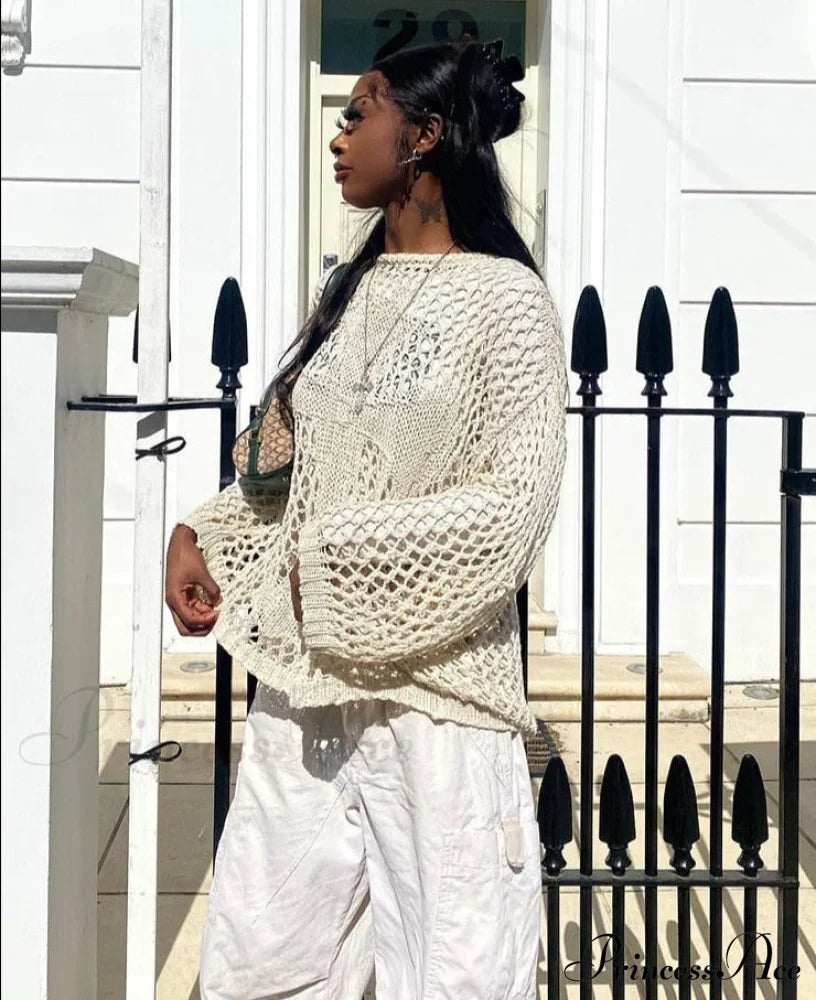 Distressed Cross Fishnet Charming Design Hollow Out Sweater