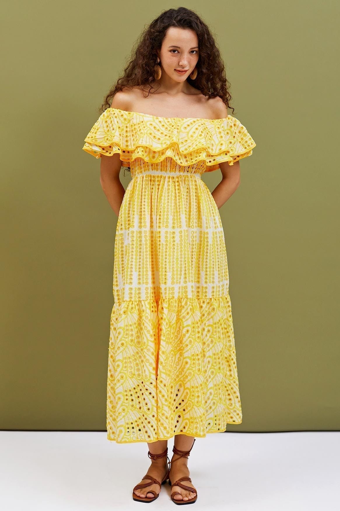 Waleska® | Off-The-Shoulder A-Line Flare Midi Dress With Embroidered Lace