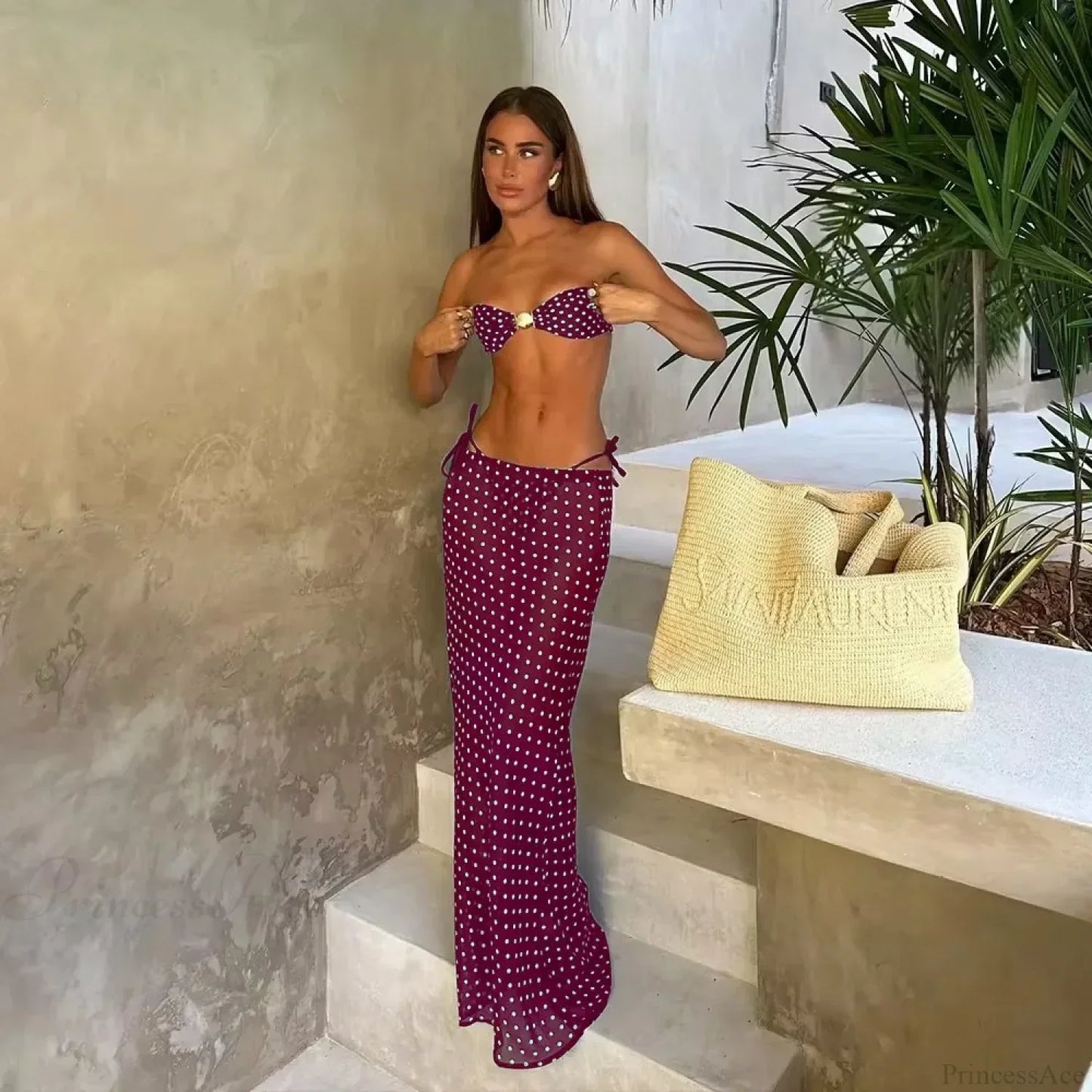 Dot Bandeau Skirt Three Piece Swimsuit