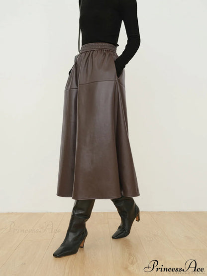 Double Pockets Graceful Leather Maxi Skirt