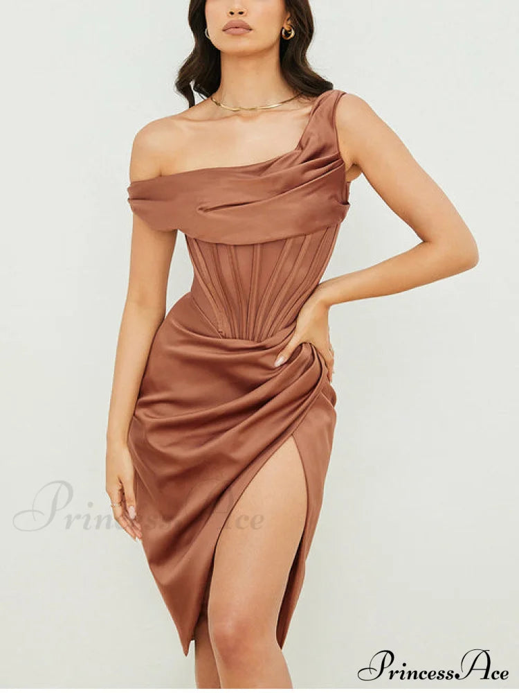 Draped Diva One-Shoulder Charming Corset Bodycon Midi Dress