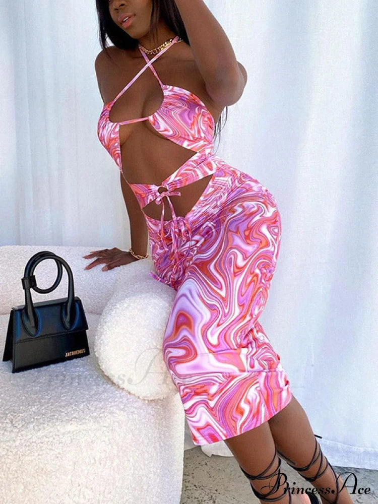 Draped Neck Sheer Corset Split Classic Cocktail Midi Dress - Apricot