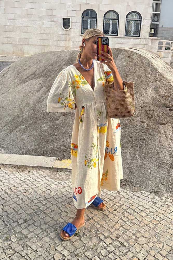 Yolaina® | Printed Linen Midi Dress