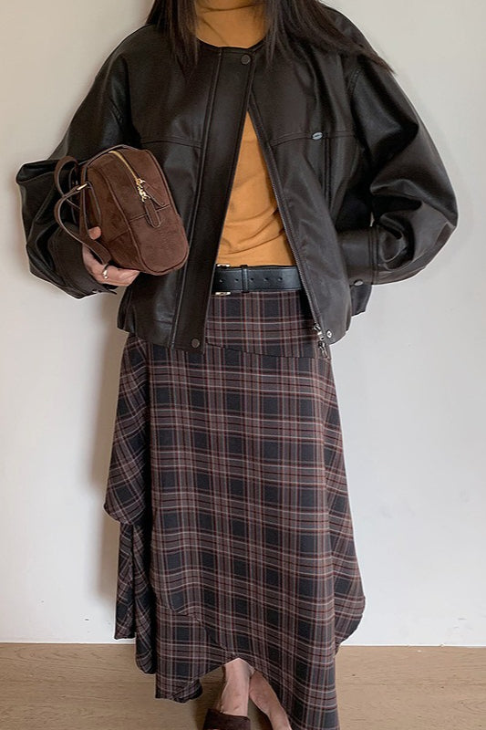 Asymmetric Plaid Midi Skirt