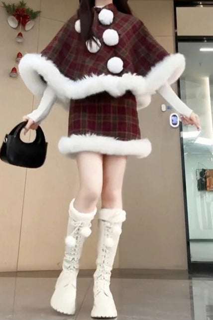 Plaid Cape Cloak Hooded Coat