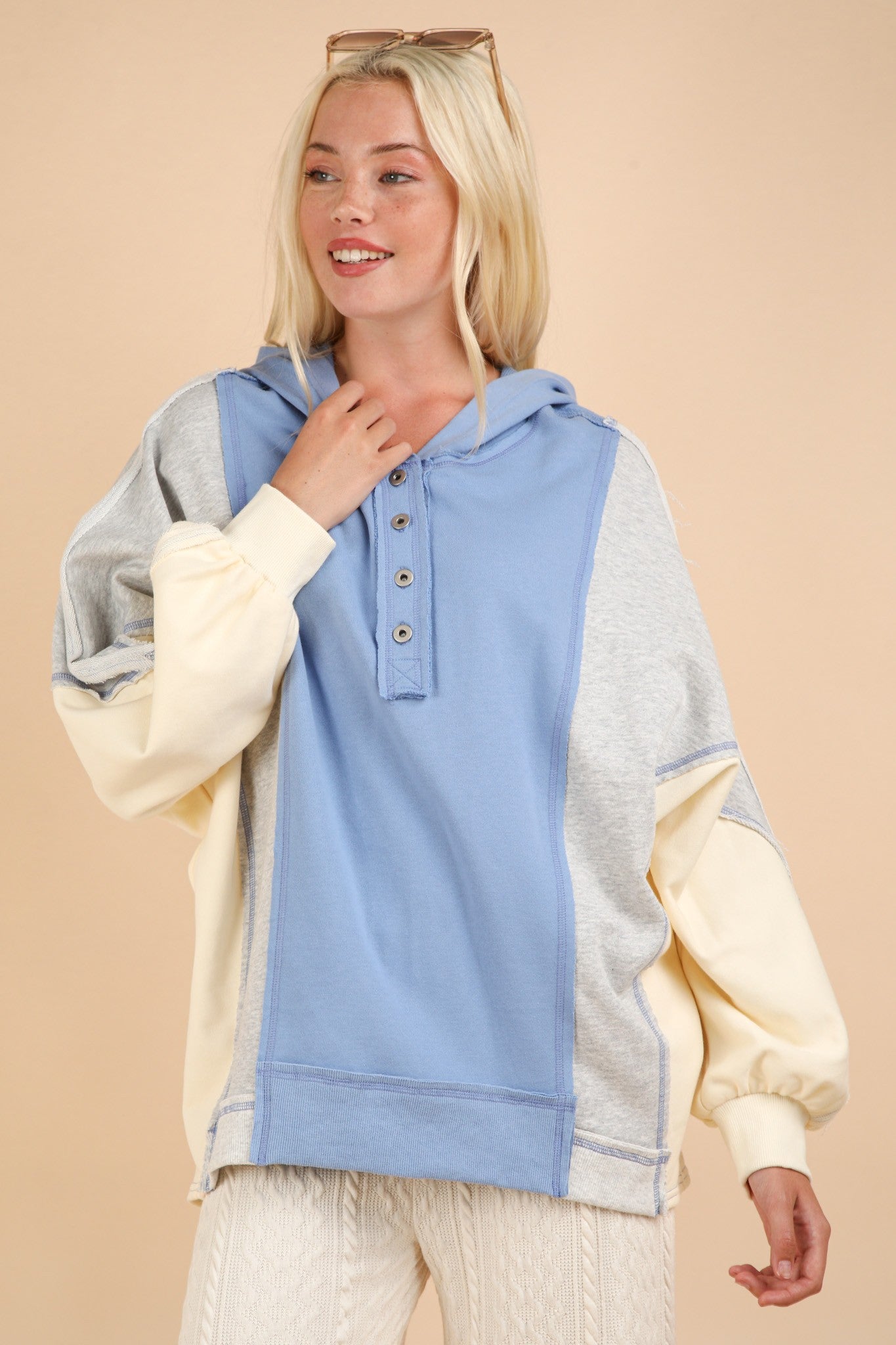 Pilar | VERY J hoodie with exposed seams and color block half buttons