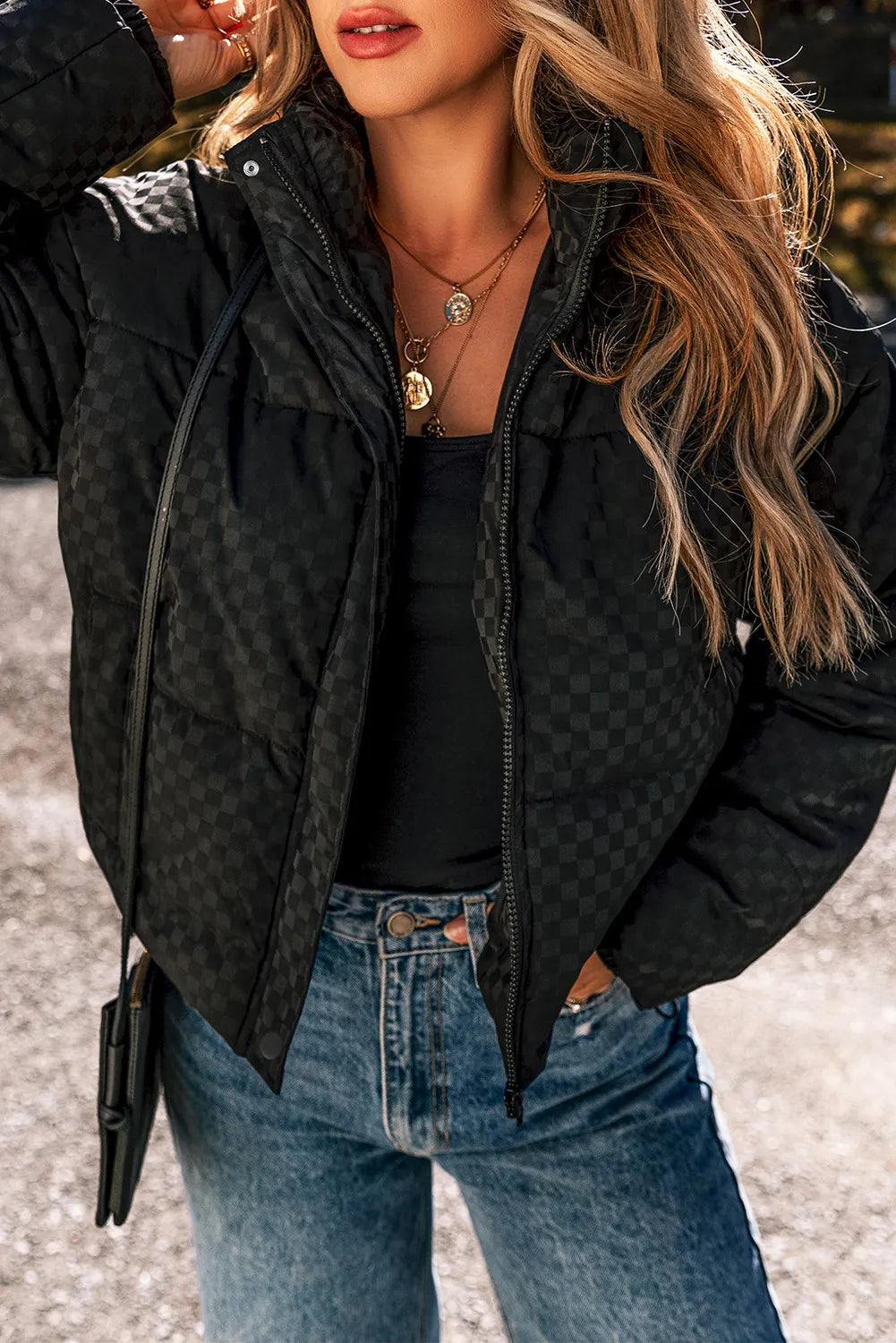 Valeria | Checked turtleneck winter coat with zip and long sleeves