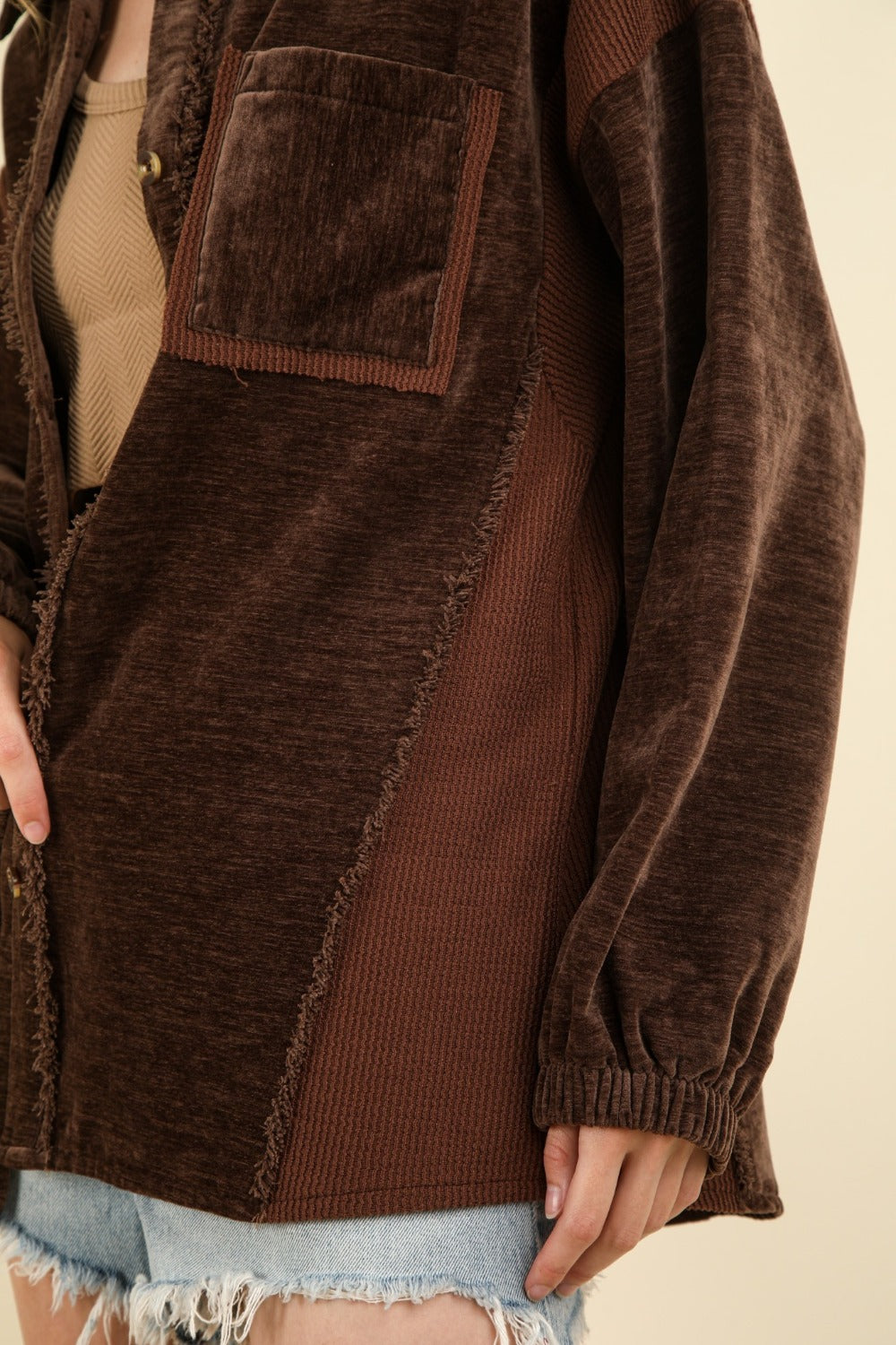 Carmen | Mixed media button-down jacket with raw hem