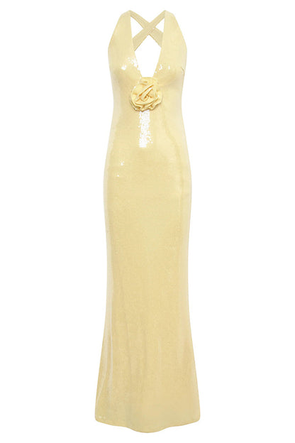 Sicilian Rose Sequin Three-dimensional Floral Sexy Backless Maxi Dress