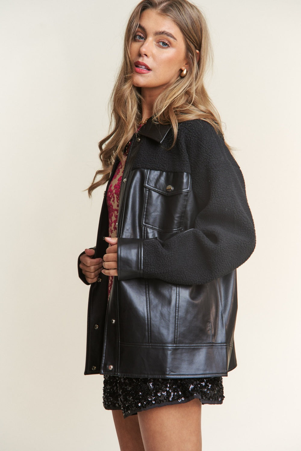 Ana | Faux leather sherpa contrast snap down jacket