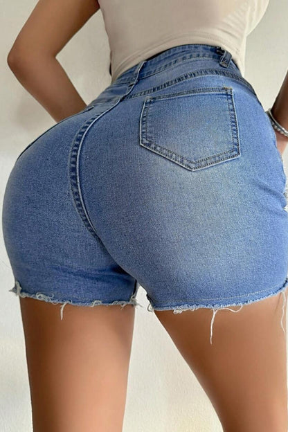 Beaded Chain Ripped High Waist Denim Shorts