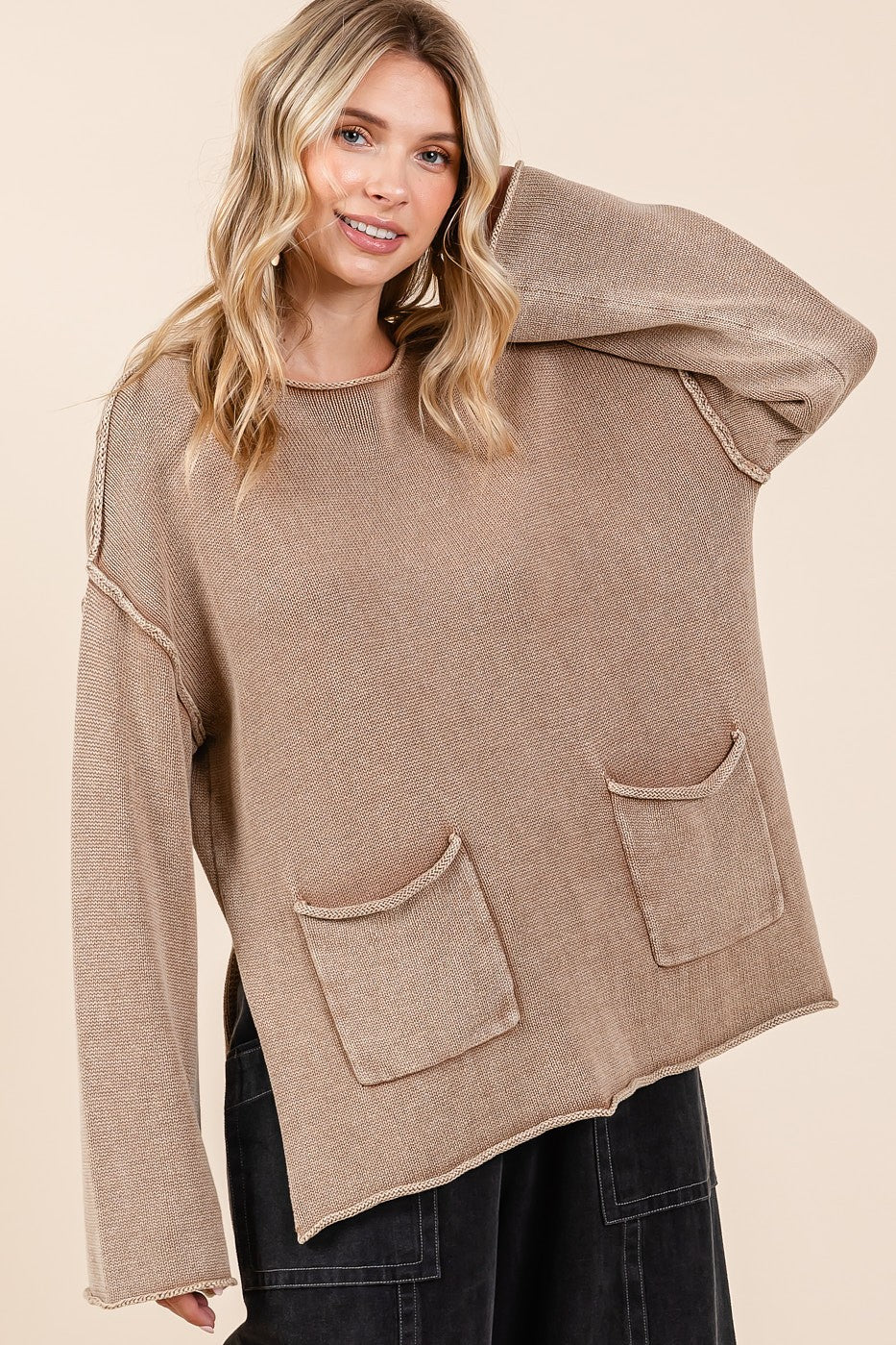 Dolores | Mittoshop Mineral Wash Patch Pocket Cut Edge Pullover
