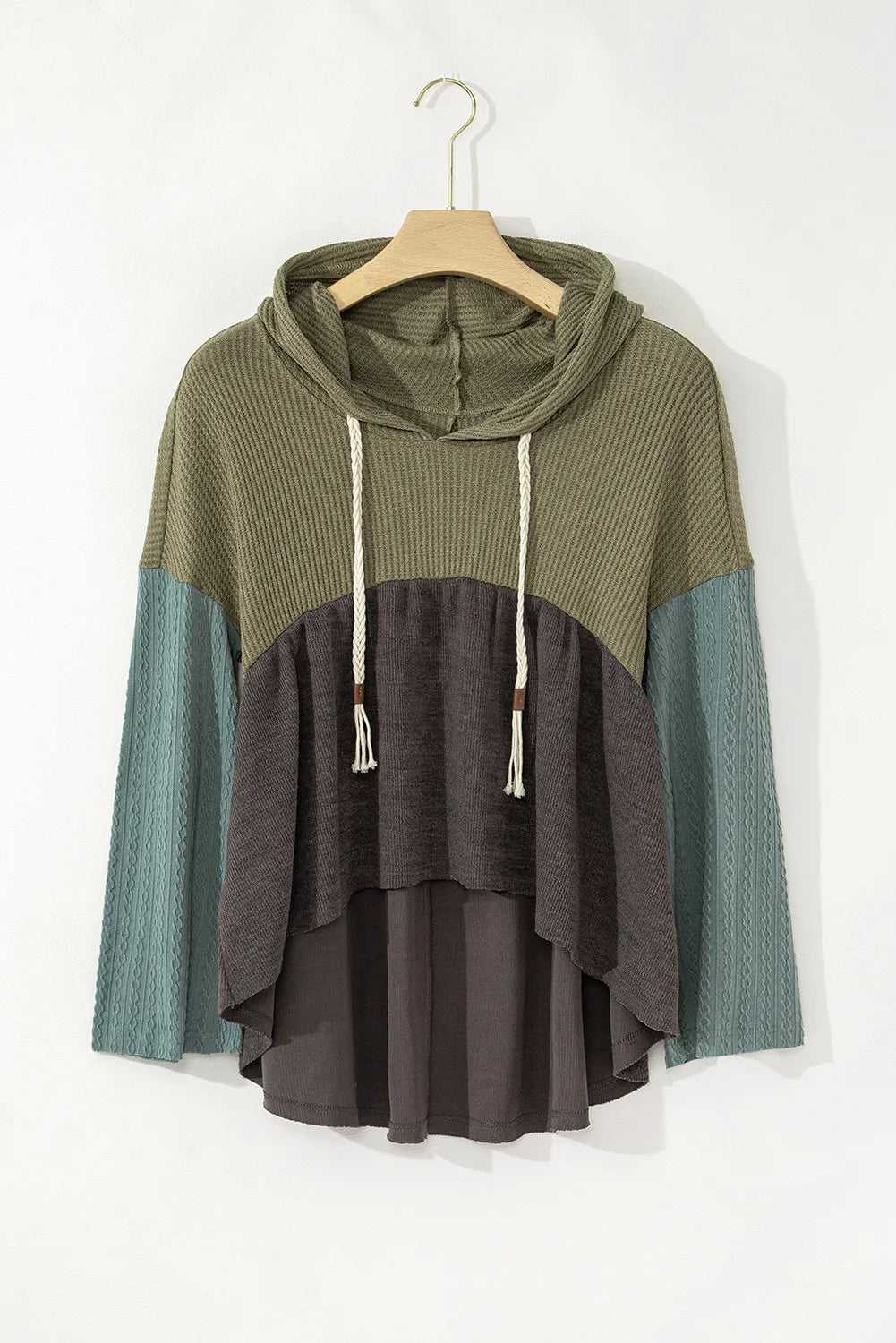 Kristin | Waffle knit high-low color block long sleeve hooded top