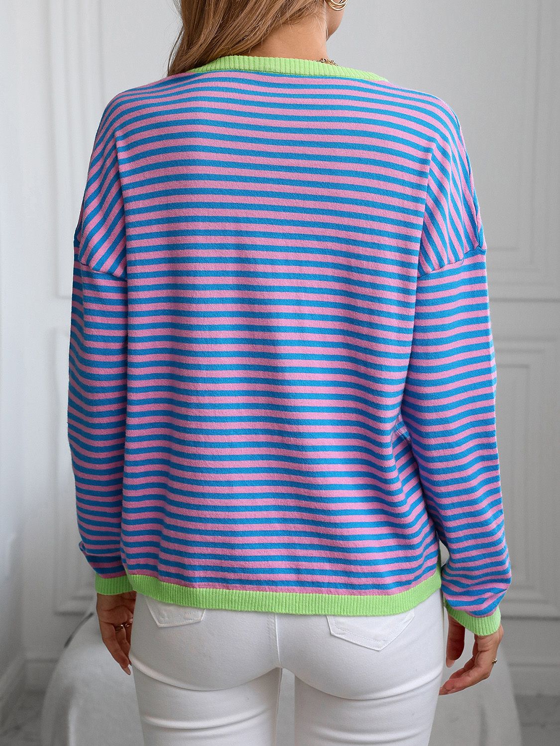 Melina | Striped long-sleeved knit top with V-neck and contrast trim