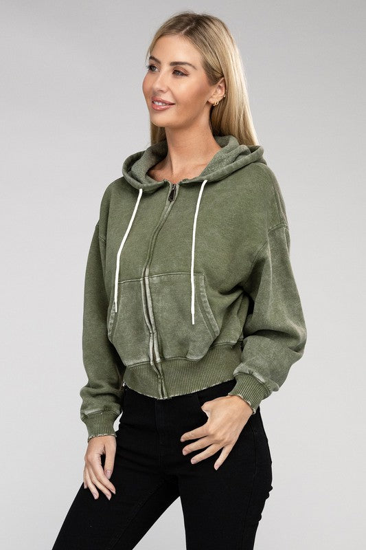 Fabiana | Cropped acid wash fleece zip-up hoodie